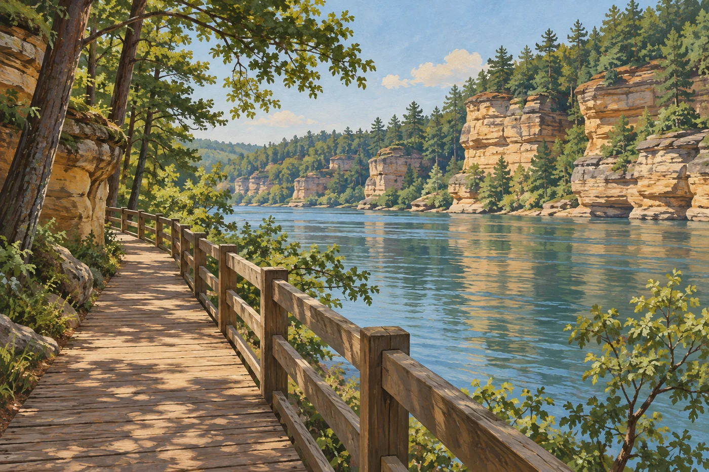 Illustrated Wisconsin Dells RiverWalk boardwalk beside calm water and layered sandstone bluffs.