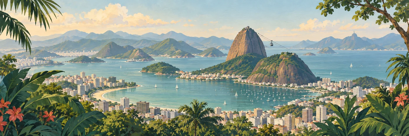 Illustrated Sugarloaf Mountain above Guanabara Bay and the Rio de Janeiro shoreline.