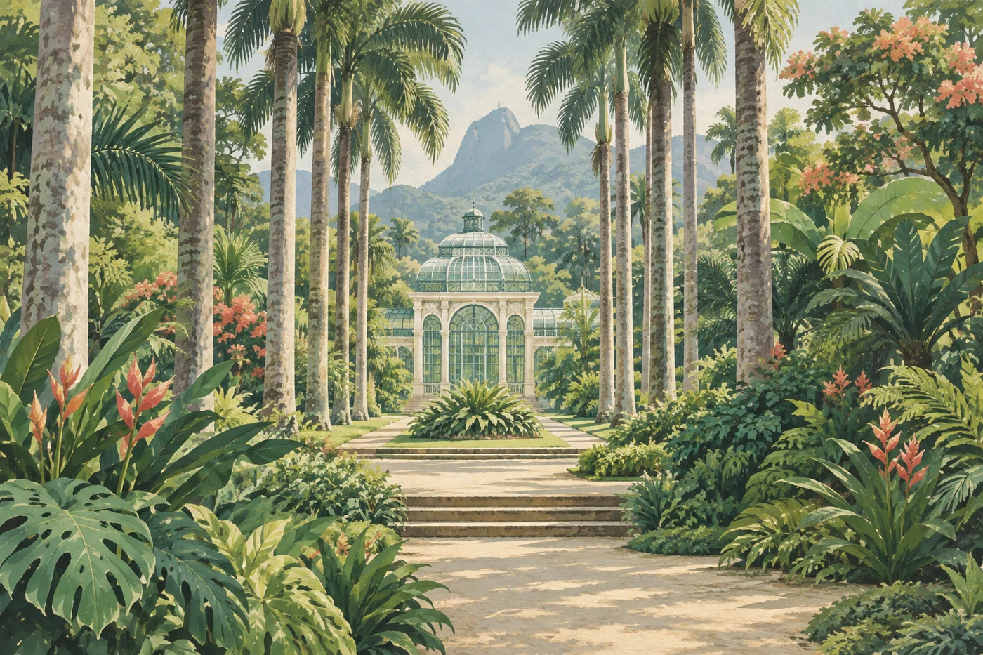Illustrated royal-palm avenue and glass pavilion in Rio de Janeiro Botanical Garden.