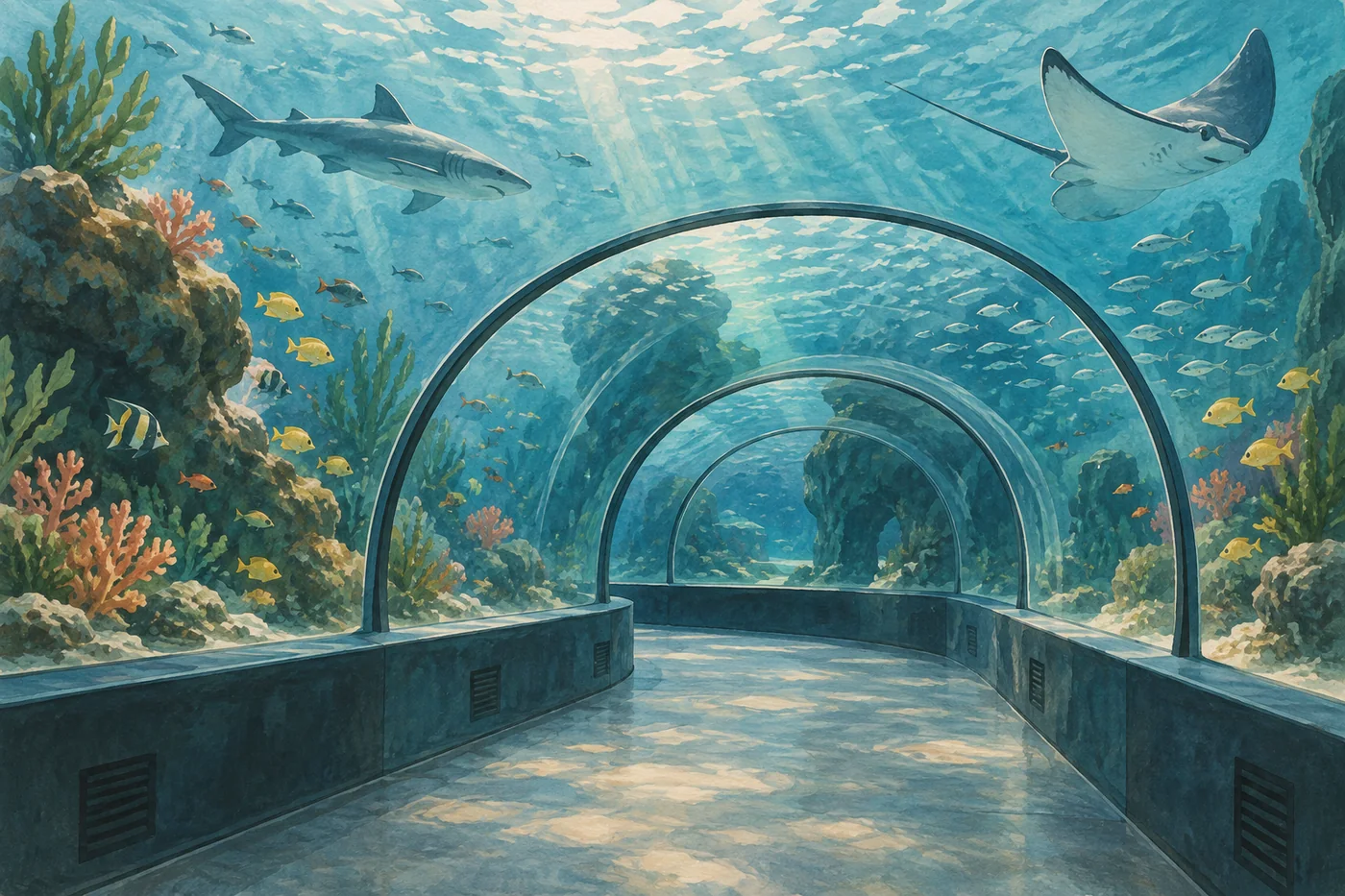 Illustrated blue aquarium tunnel with rays and reef fish at AquaRio in Rio de Janeiro.