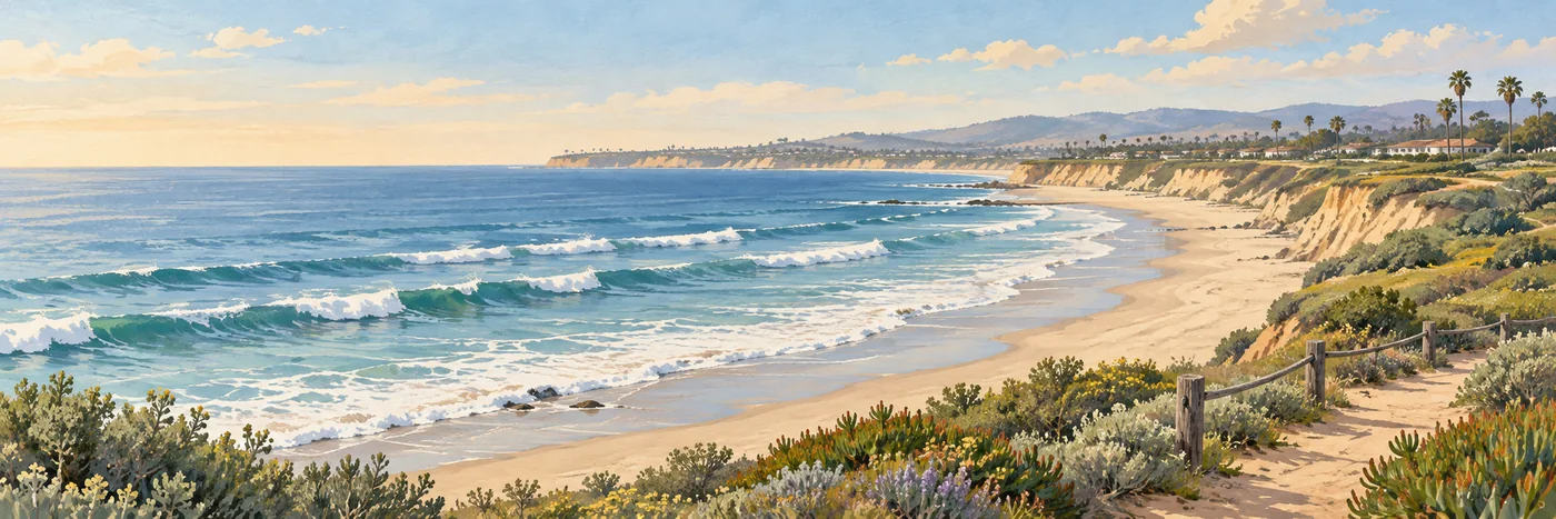 Illustrated Carlsbad coastline with a sandy beach, Pacific surf, and coastal bluffs.
