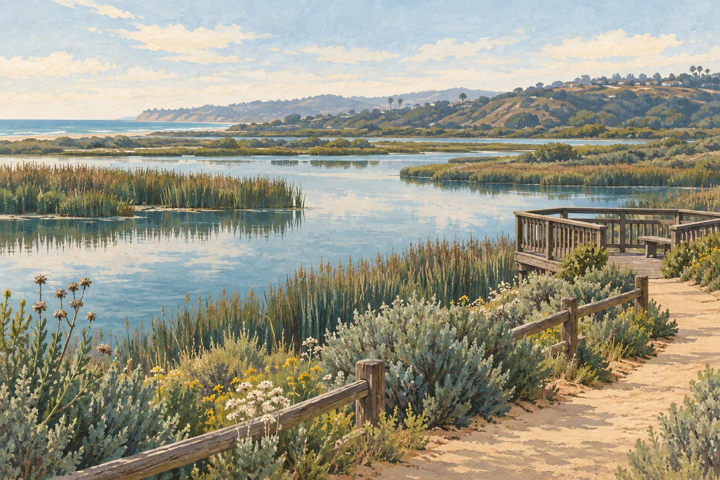 Illustrated Batiquitos Lagoon with coastal reeds, still water, and a wooden viewing platform beside the nature path.