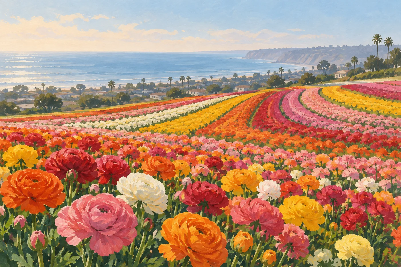 Illustrated rows of colorful ranunculus flowers across the Carlsbad Flower Fields with coastal haze beyond.