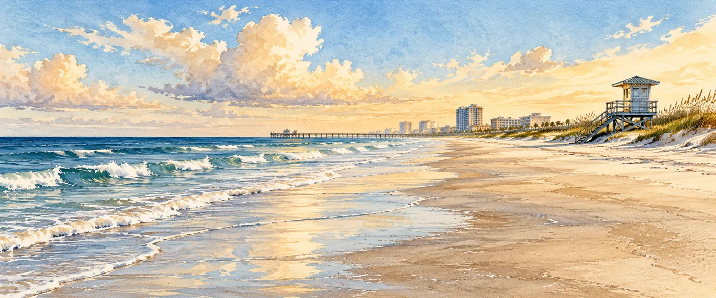An empty Atlantic beach with broad sand, blue surf, a distant boardwalk, and a lifeguard tower.