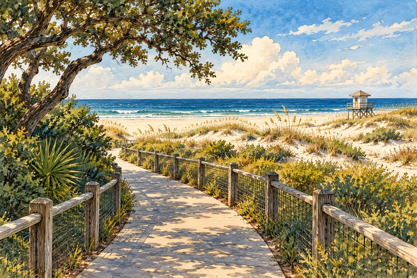 A shaded pedestrian path leading across intact dunes toward Atlantic water and a distant lifeguard tower.