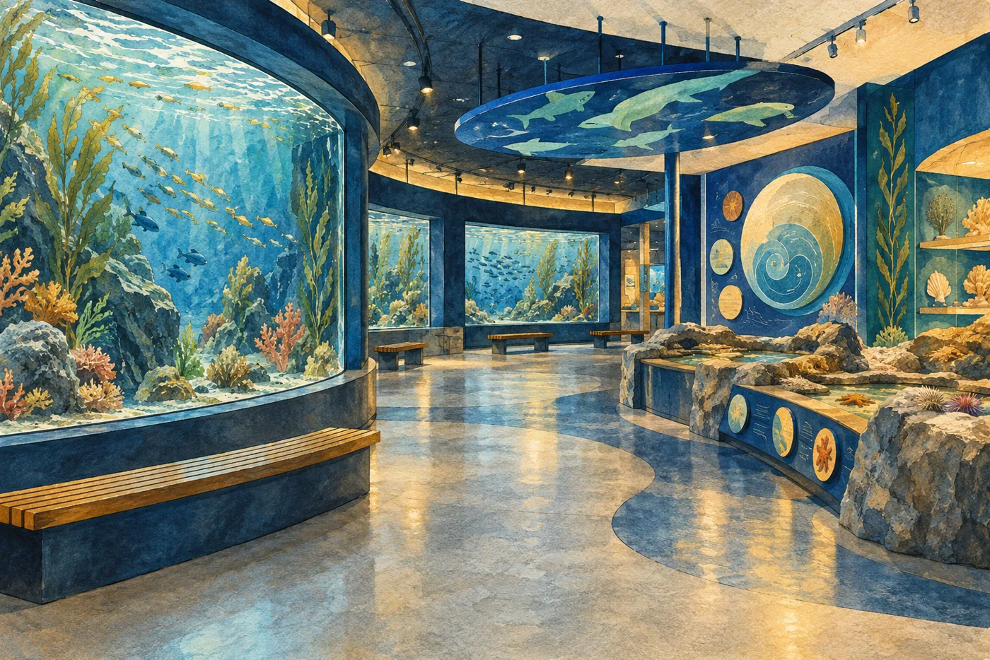 An unbranded marine-science museum interior with aquarium windows, abstract ocean exhibits, and a clear walkway.