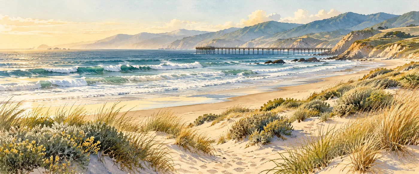 California Central Coast surf, a distant wooden pier, coastal bluffs, and pale grasses beneath a bright sky.