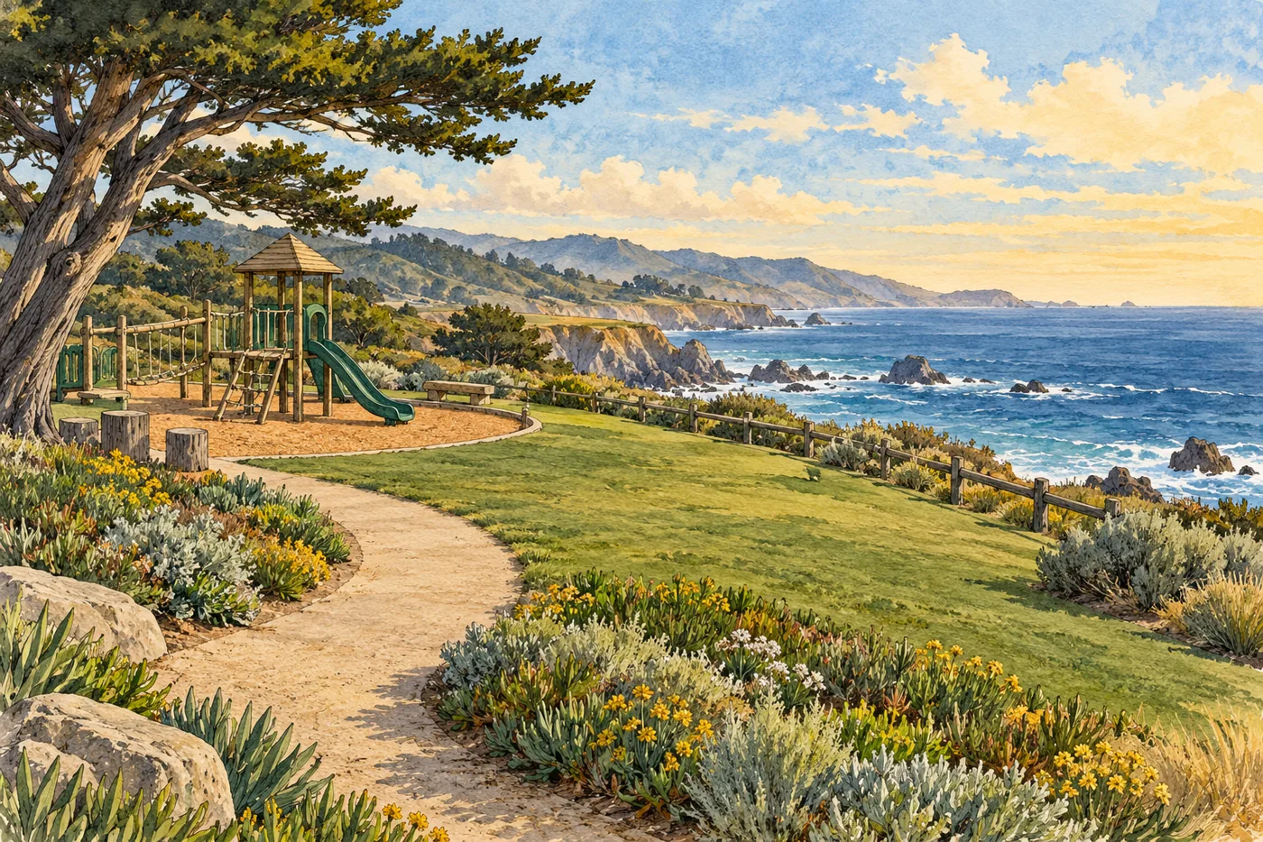 An empty bluff-top coastal park with a simple playground, grassy path, low plants, and ocean view.