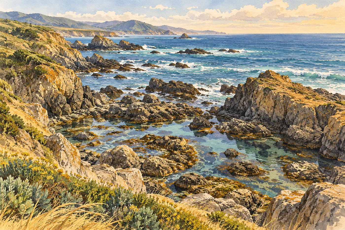 A rocky Pacific tidepool cove at low-looking tide, viewed from a safe elevated overlook.