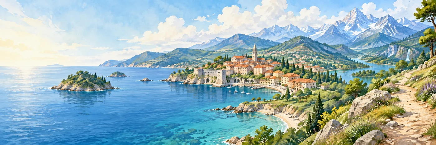 Illustrated coastal village, island bay, and alpine ridges in one connected travel landscape.
