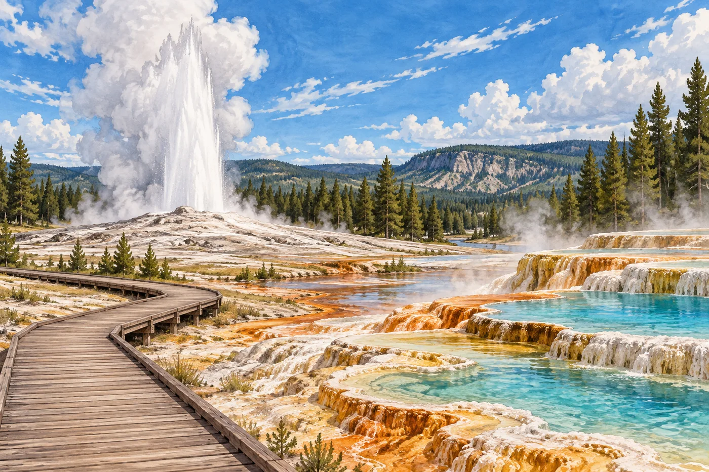 Illustrated Old Faithful geyser rising beyond a Yellowstone boardwalk and geothermal terraces.