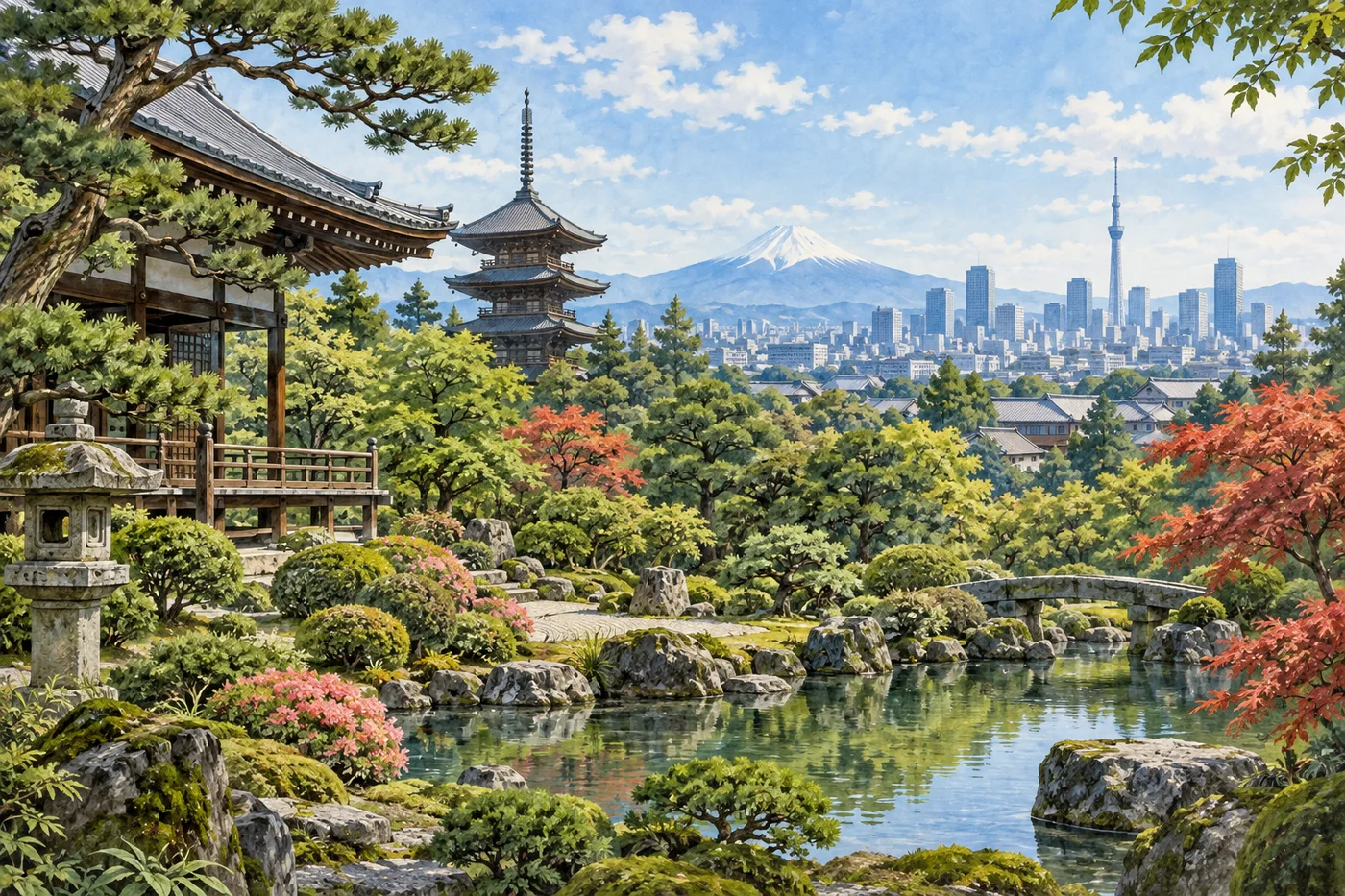 Illustrated Kyoto temple garden with Tokyo’s skyline and Mount Fuji beyond.
