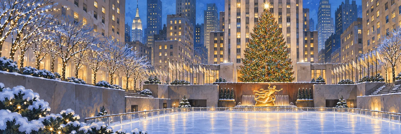 Illustrated Rockefeller Center Christmas tree and ice rink among Manhattan towers.