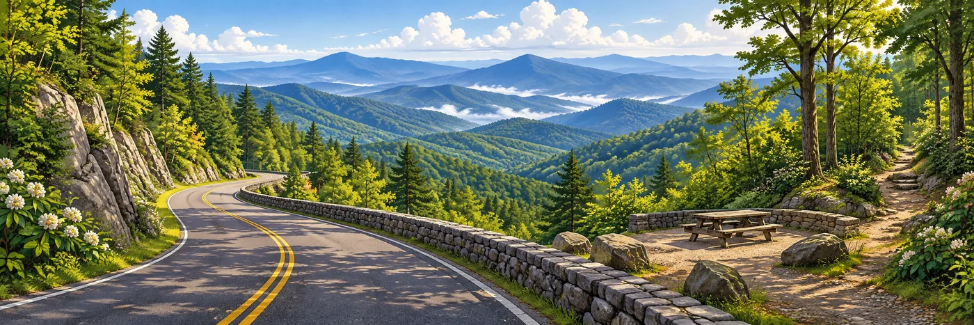 Illustrated public road and picnic stop among the forested foothills of the Great Smoky Mountains.