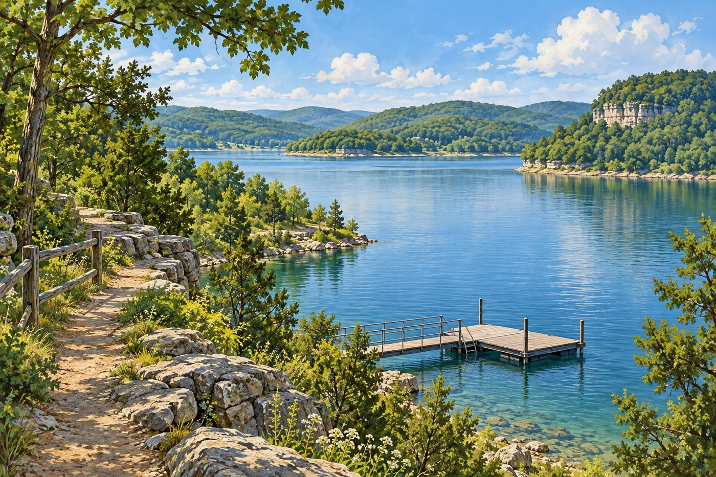Illustrated wooded Ozark hills surrounding Table Rock Lake and a quiet public dock.