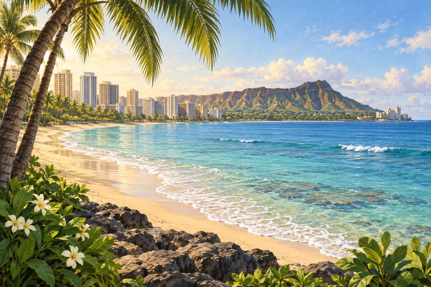 Illustrated Oahu shoreline with clear water, green ridges, and a palm-lined beach.