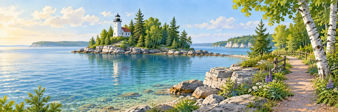 Illustrated Door County lakeshore with a lighthouse, wooded shoreline, and open water.