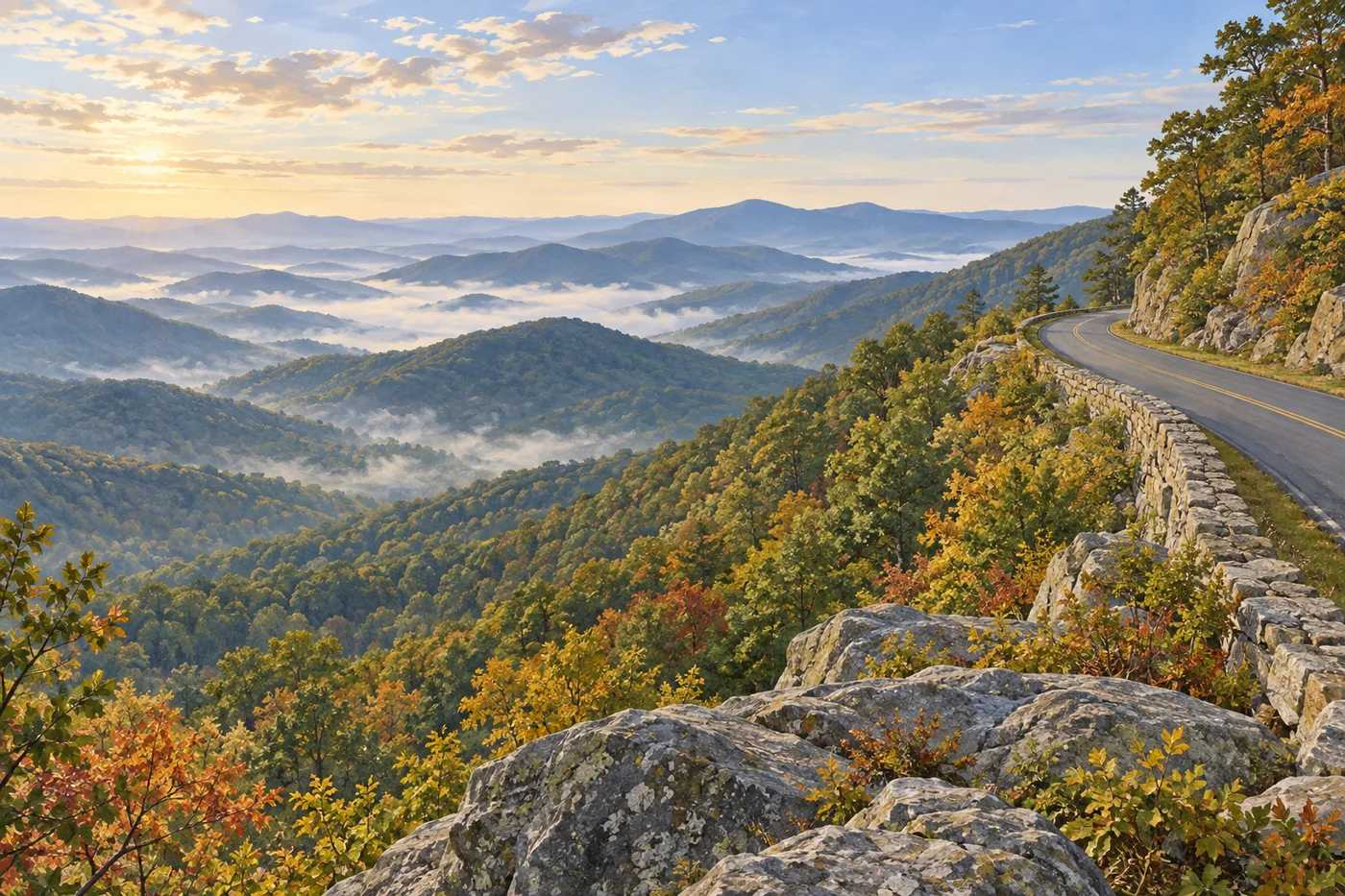 Illustrated Skyline Drive winding through forested Shenandoah mountain ridges.