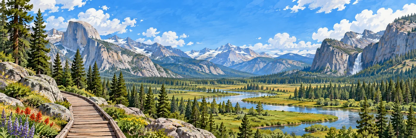 Illustrated national-park valley with a river, forest, granite peaks, and a wooden boardwalk.