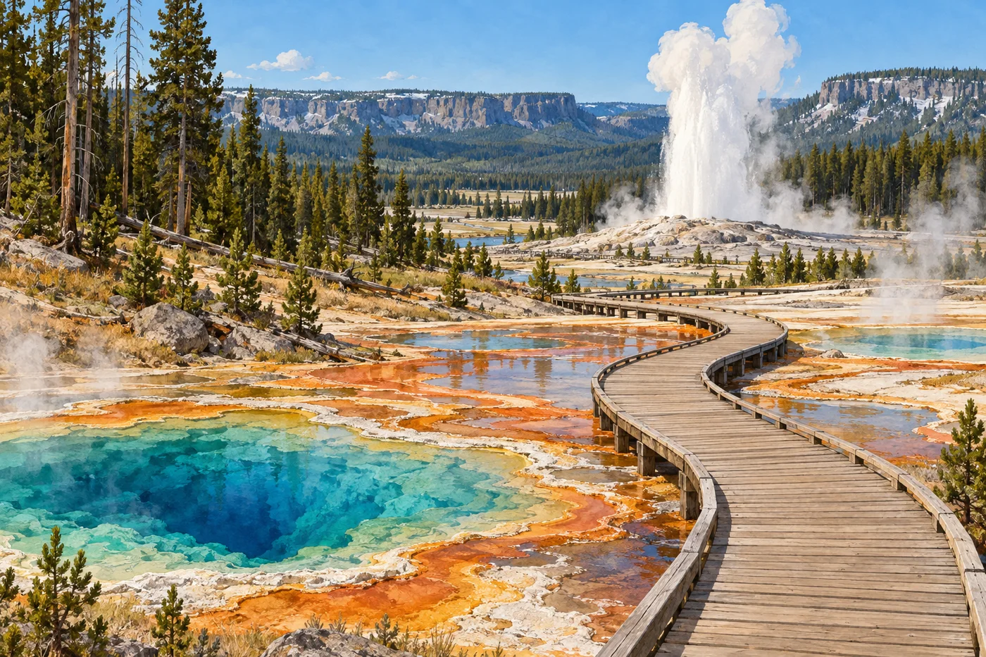 Illustrated Yellowstone geyser above a pale mineral basin and distant hills