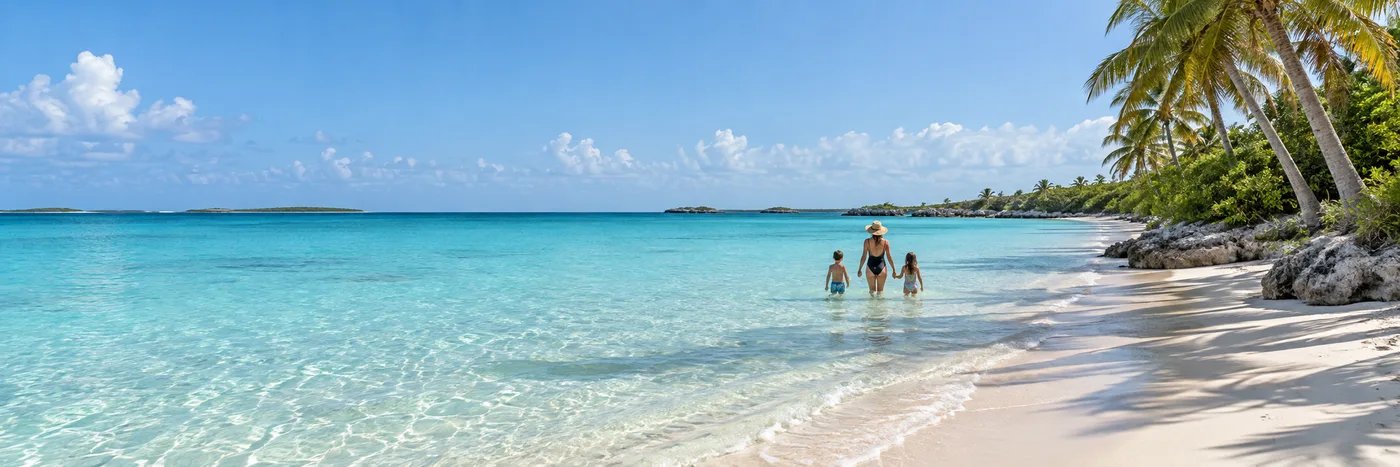 Illustrated Turks and Caicos shoreline with turquoise shallows and pale sand.