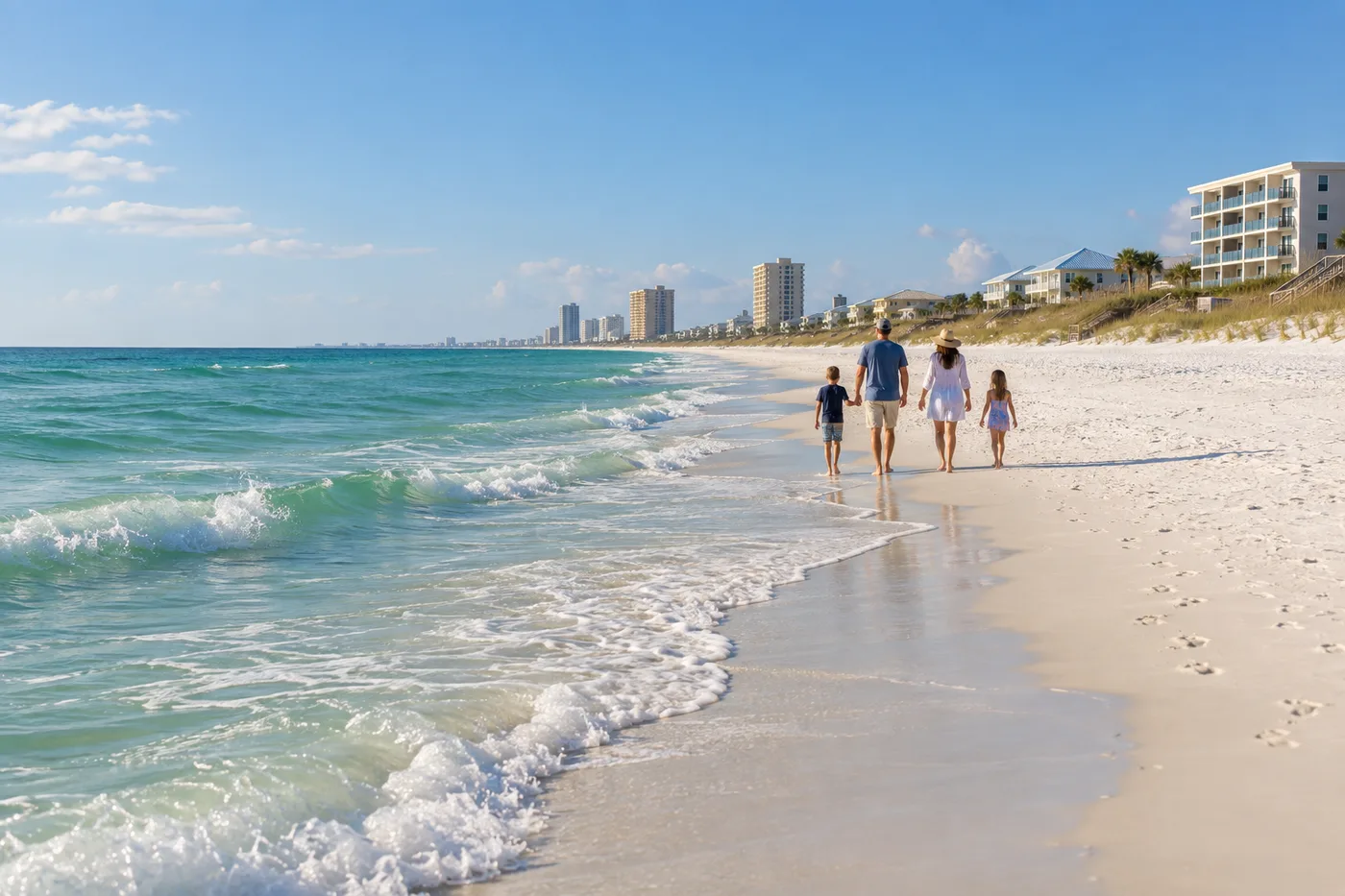 Illustrated Panama City Beach shoreline with broad white sand, dunes, and turquoise Gulf water.