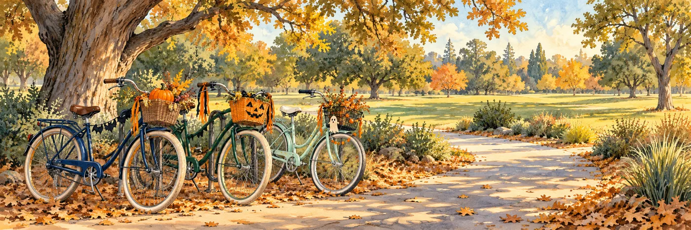 Watercolor illustration of Halloween-decorated bicycles beside a tree-lined park path in autumn.