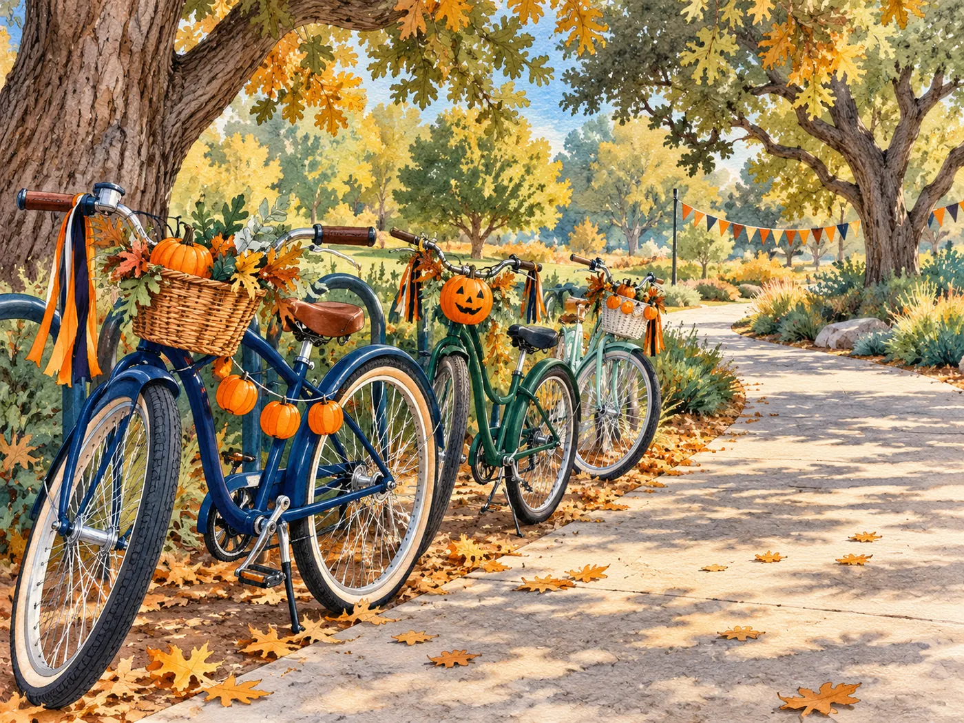 Halloween-decorated bicycles parked beside a shaded community-park path under autumn oak trees.