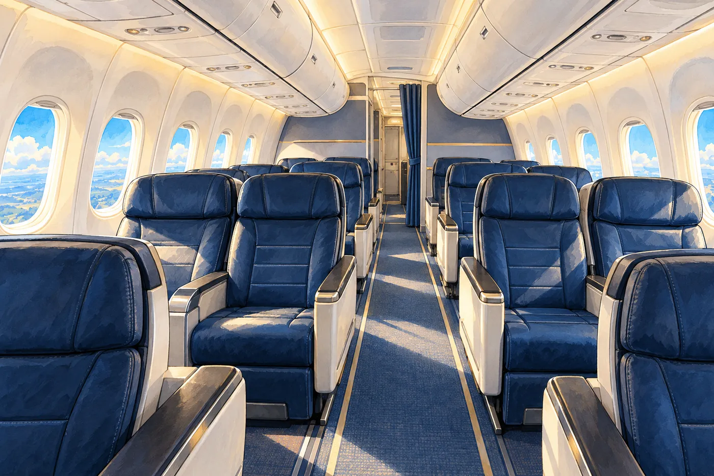 Illustrated empty aircraft cabin with paired navy seats, a central aisle and sunlit windows.