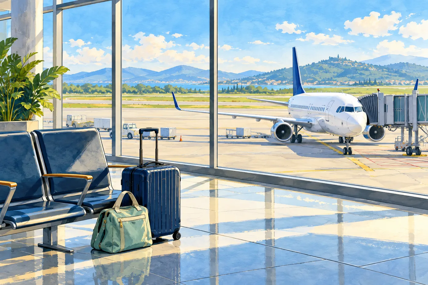 Illustrated quiet airport gate with navy luggage, a mint bag and a parked passenger aircraft.