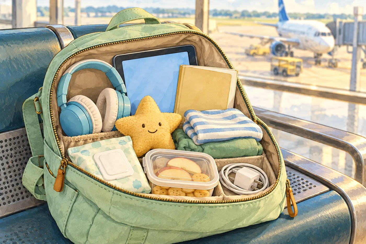 Illustrated mint travel bag holding headphones, a tablet, a book, spare clothes, snacks and a charger.