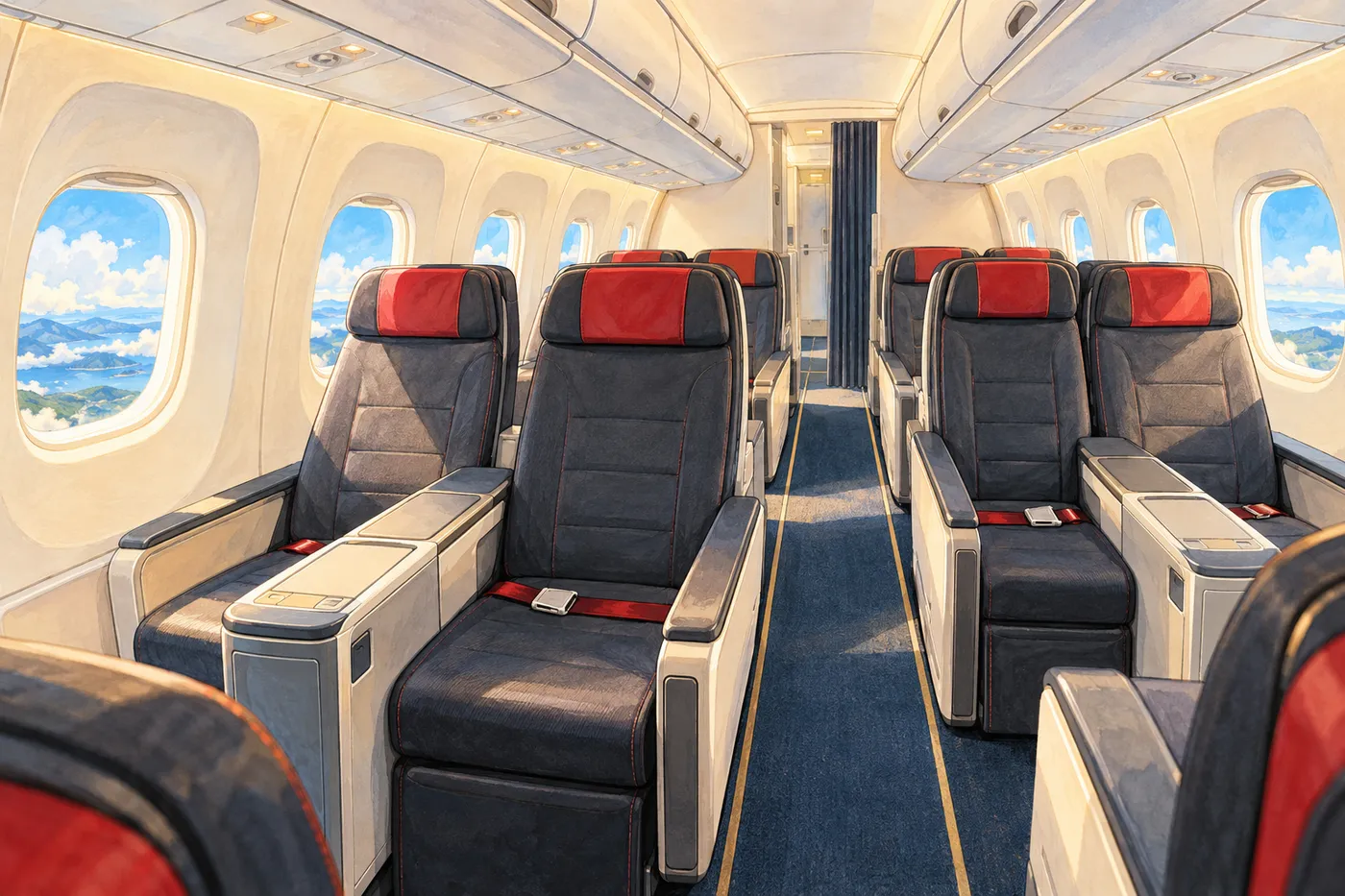Illustrated empty narrow-body cabin with paired charcoal seats, red headrest accents and sunlit windows.