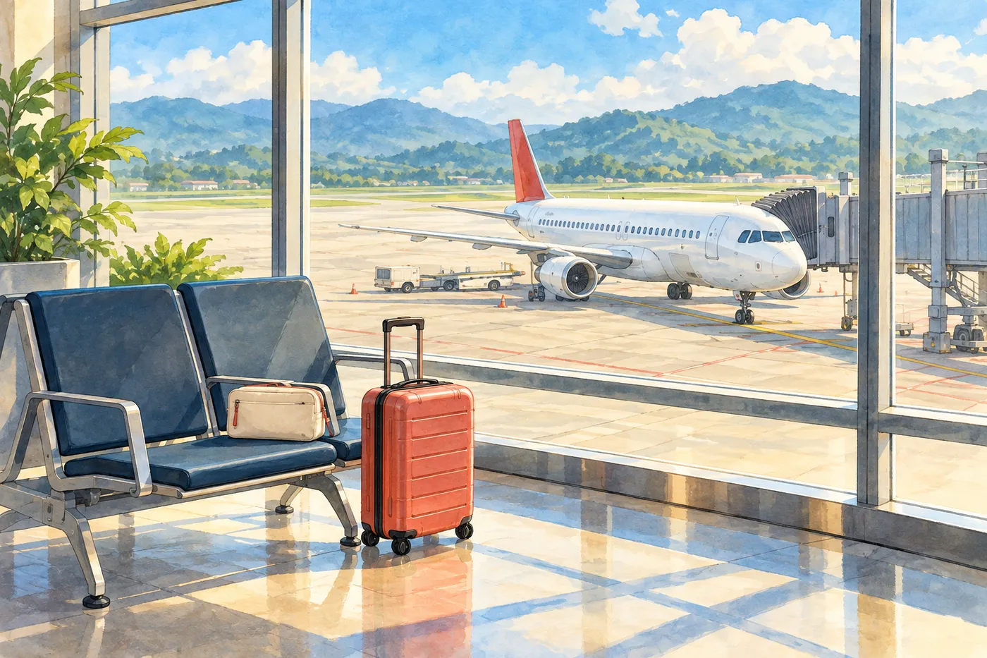 Illustrated empty airport gate with coral luggage, a document pouch and a parked red-tailed passenger aircraft.