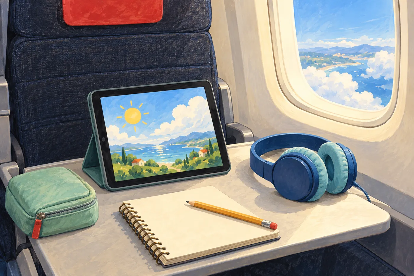 Illustrated personal tablet, blue headphones, notebook and travel pouch on an aircraft tray beside a window.