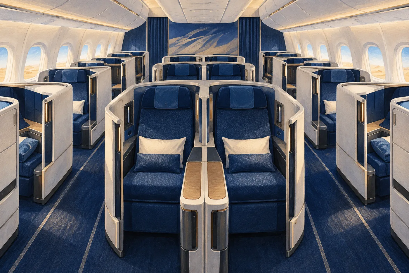 Illustrated empty wide-body cabin with deep blue individual suites, pale shells, a center pair and sunlit windows.