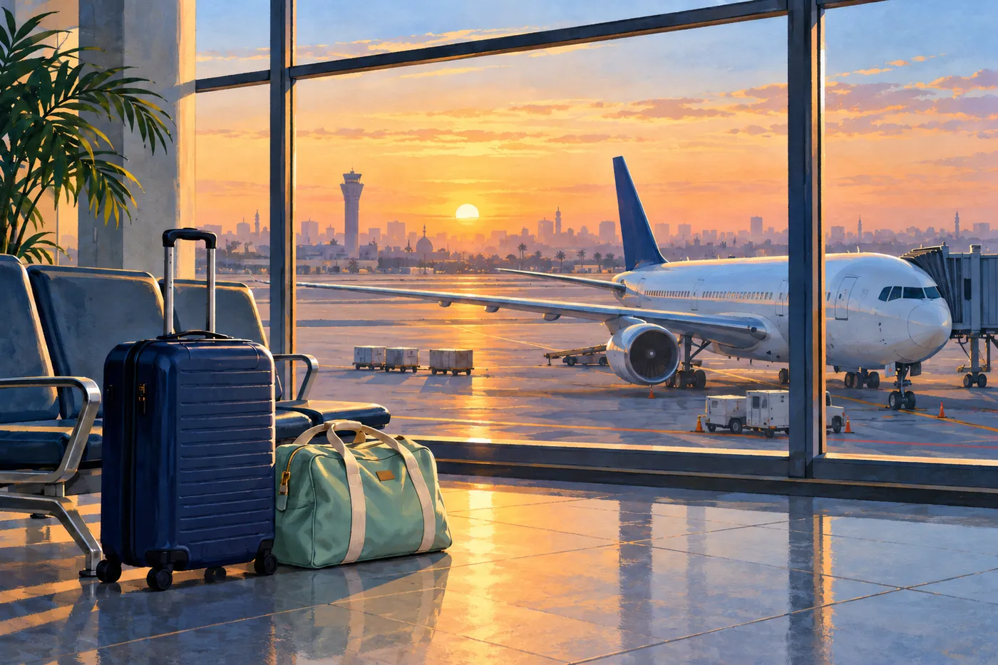 Illustrated quiet airport gate at dawn with navy luggage, a mint travel bag and an unmarked passenger aircraft outside.