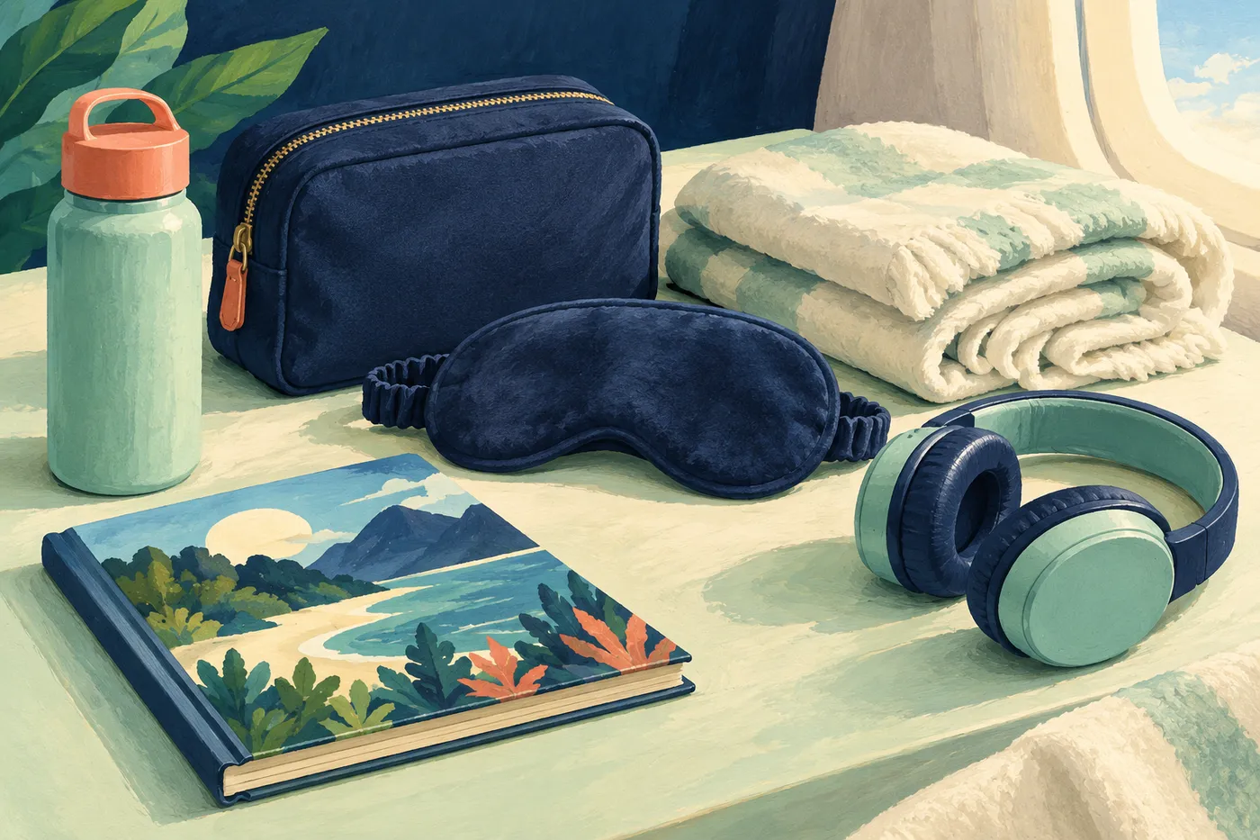 Illustrated overnight flight essentials including a navy pouch, eye mask, headphones, folded blanket, picture book and water bottle.