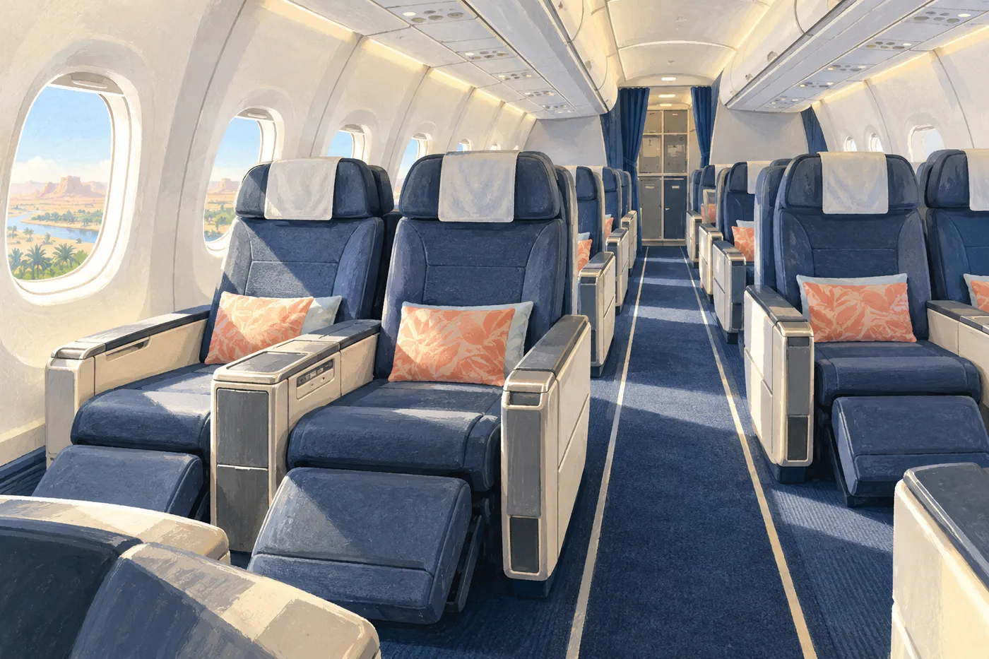 Illustrated empty narrow-body cabin with blue-grey reclining seat pairs, broad armrests, leg rests and bright windows.