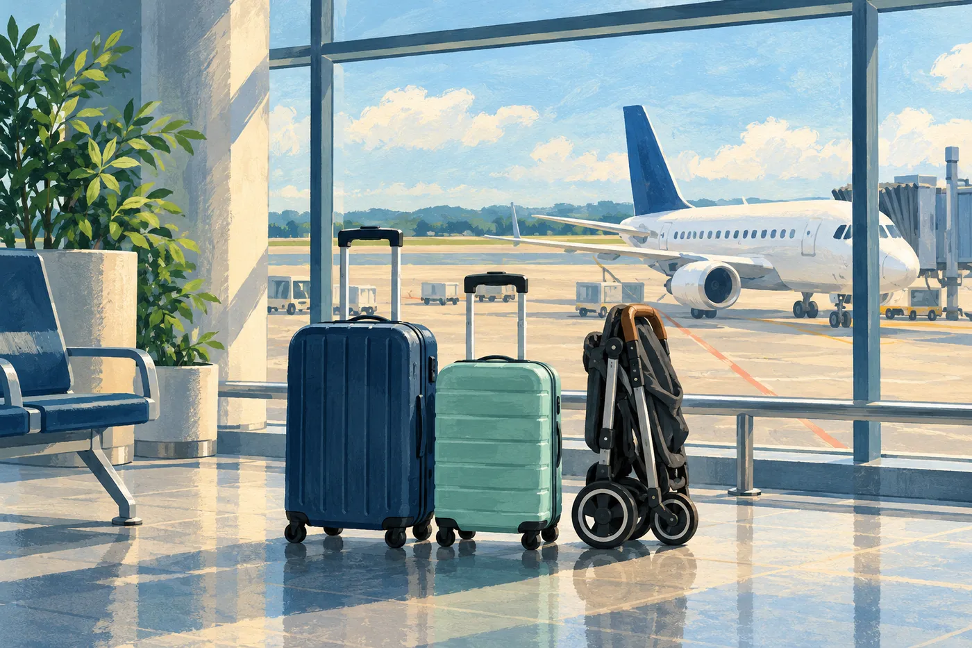 Illustrated bright airport concourse with compact luggage, a folded stroller and a narrow-body aircraft outside.