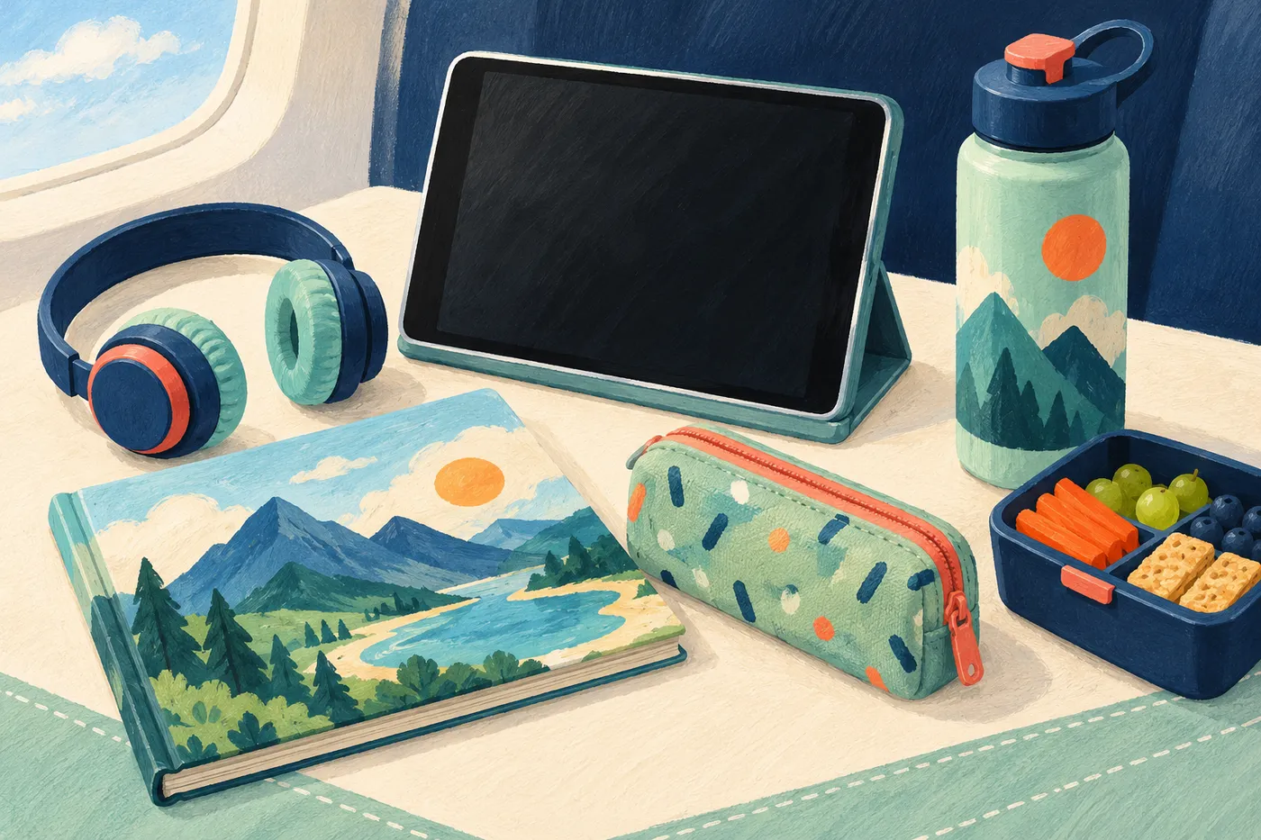 Illustrated daytime flight essentials with headphones, a blank-screen tablet, picture book, pencil case, water bottle and snack box.