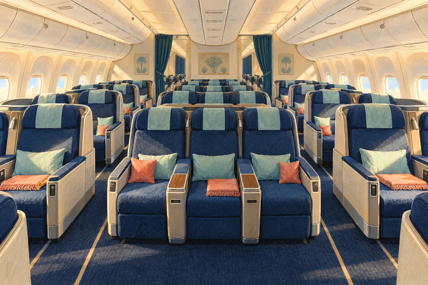 Illustrated empty wide-body cabin with conventional blue reclining seats, side pairs, a center triple and warm cream walls.
