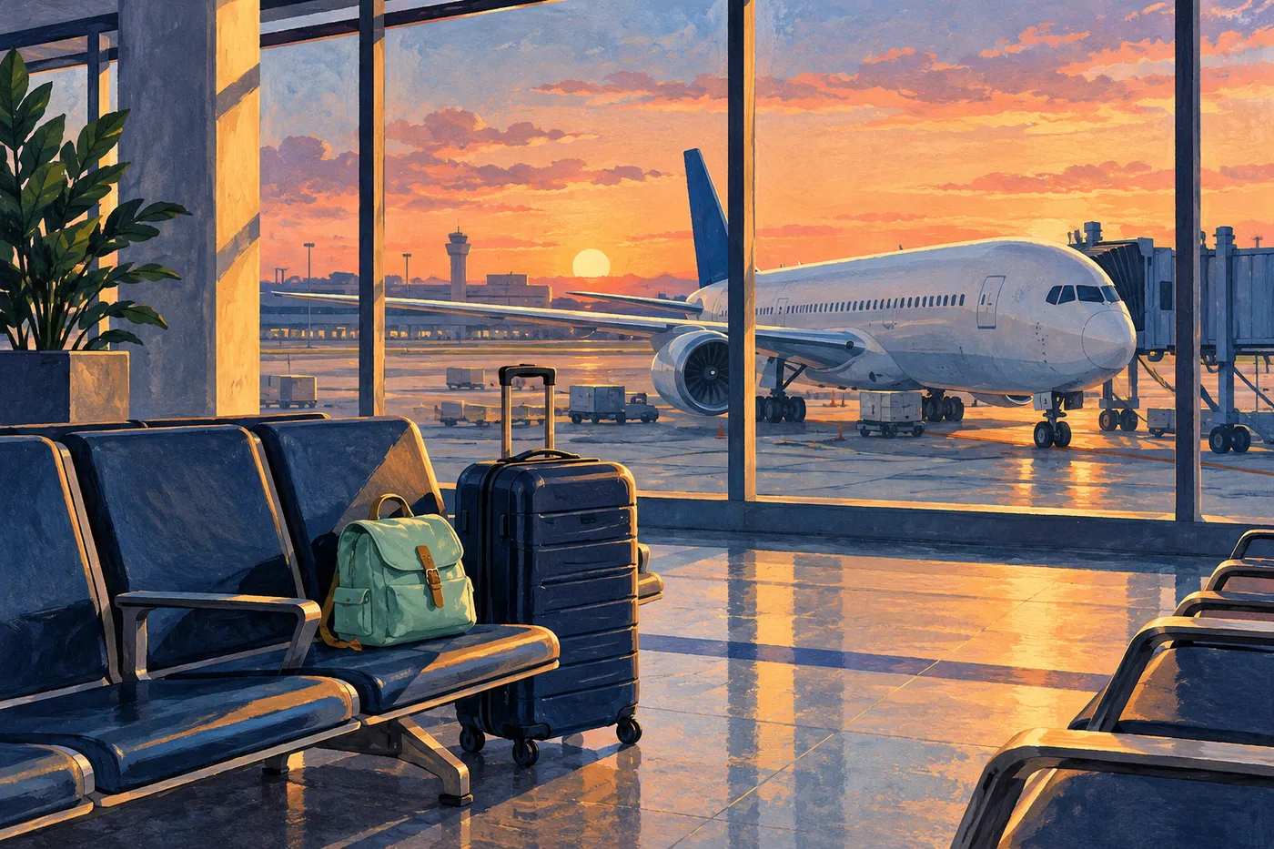Illustrated sunset airport gate with navy luggage, a mint daypack and a large unmarked wide-body aircraft outside.