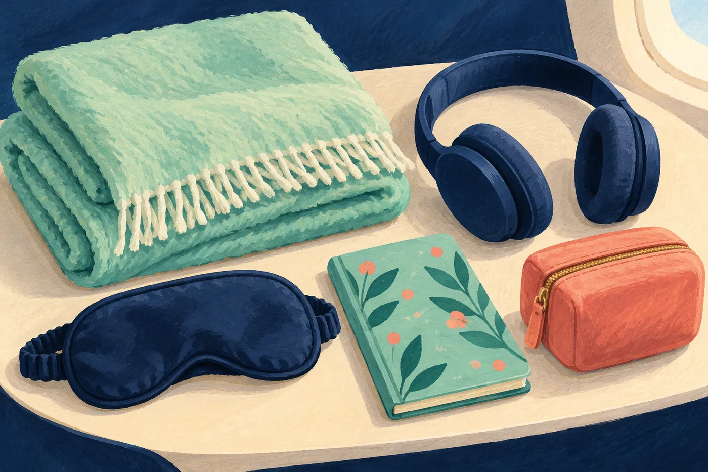 Illustrated long-haul essentials with a mint blanket, eye mask, headphones, closed activity book and coral travel pouch.