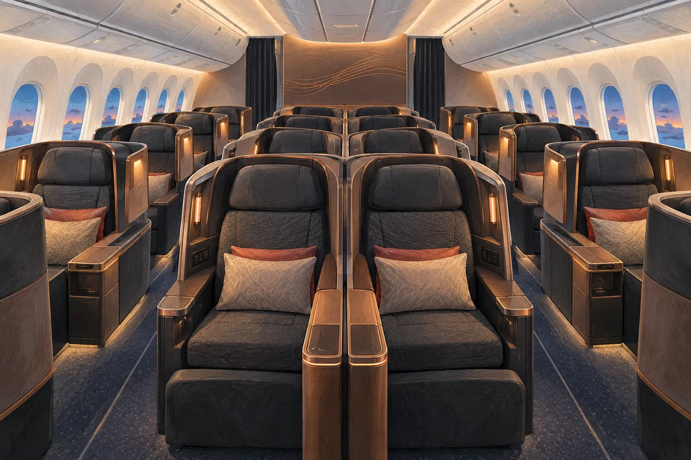 Illustrated empty modern wide-body cabin with charcoal individual seats, brown consoles, center pairs and soft evening window light.