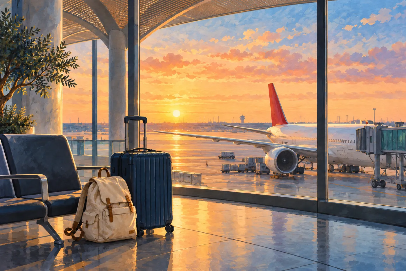 Illustrated quiet modern airport concourse at dawn with navy luggage, a cream backpack and an unmarked red-tail aircraft outside.