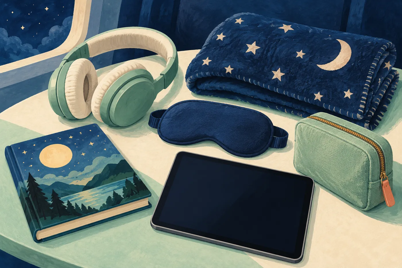Illustrated night-flight essentials with headphones, an eye mask, folded blanket, closed picture book, blank tablet and a travel pouch.