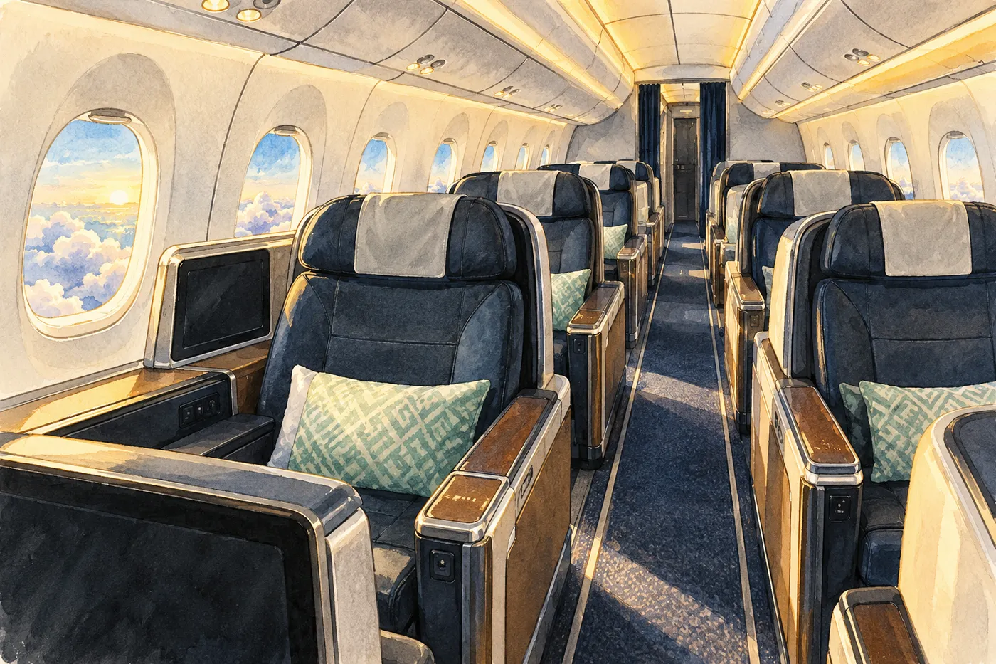 Painted empty narrow-body cabin with charcoal paired recliners, brown consoles and morning clouds through oval windows.