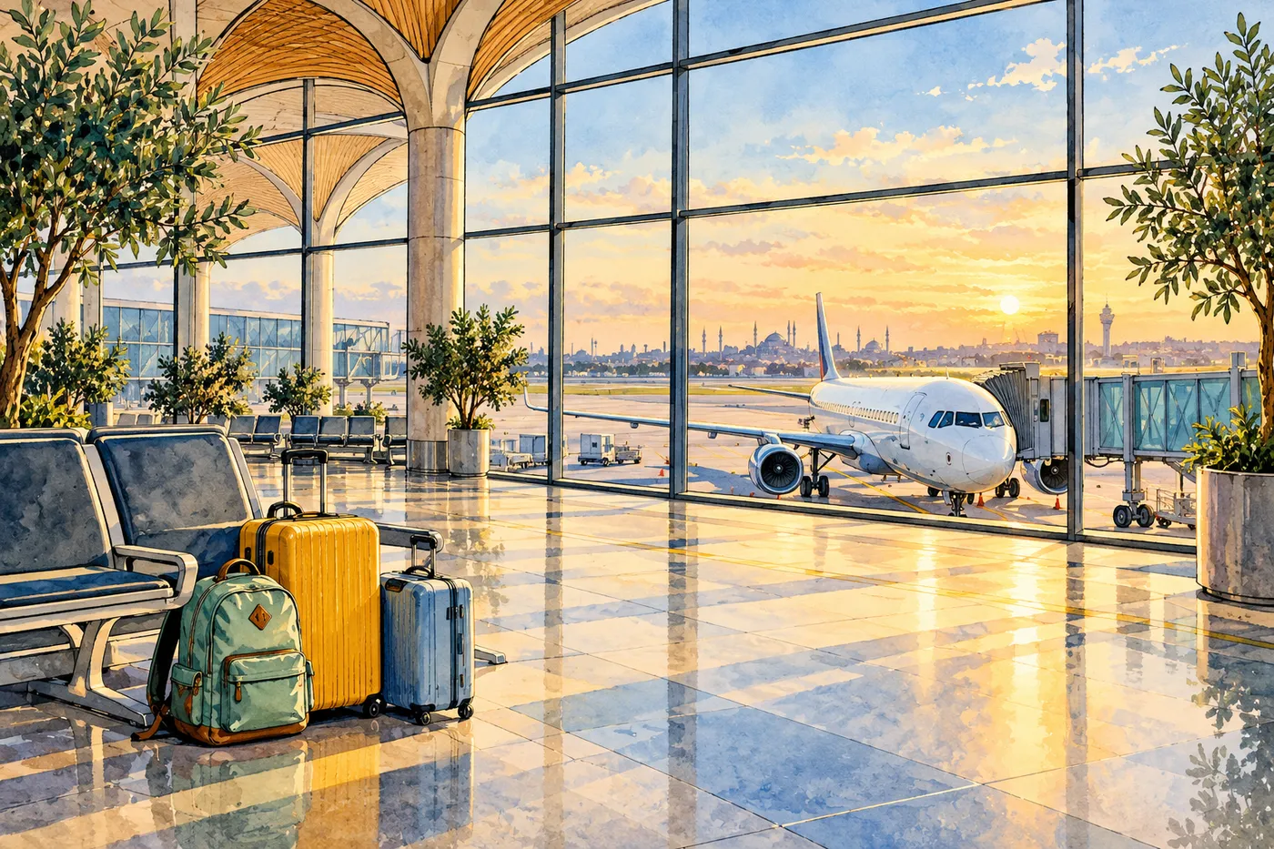 Painted spacious airport concourse with empty benches, small suitcases and a narrow-body aircraft outside in warm morning light.