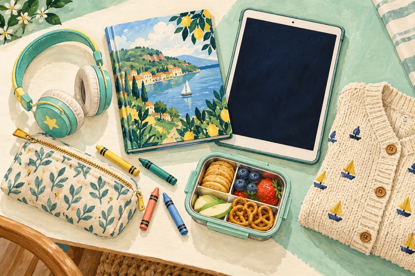Painted short-flight activity kit with child headphones, a blank tablet, a closed picture book, crayons, snack box and cardigan.