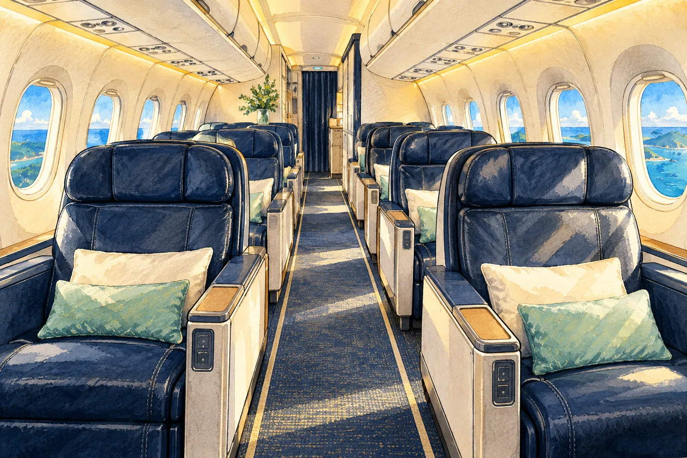 Painted empty single-aisle cabin with plush navy paired recliners and blue daylight through oval windows.